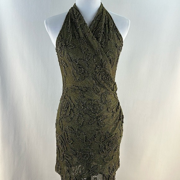 Vintage Carmen Marc Valvo Bronze Metallic Beaded  Maxi Dress, 6 - Picture 1 of 16